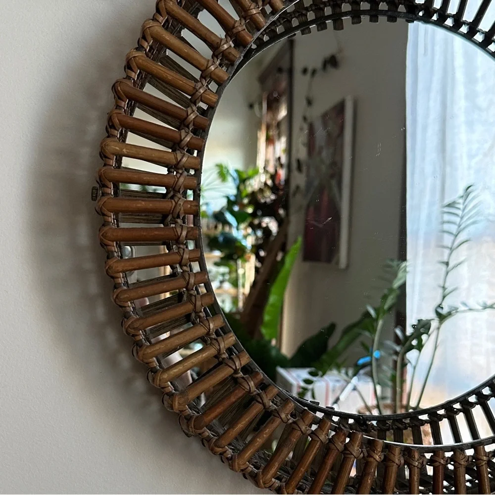 Vintage Round Rattan Wall Mirror by Umbra Matt Carr MCM Boho Brown
